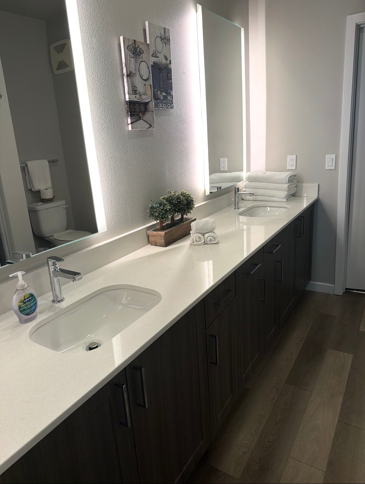 Dual sink bathroom vanity with LED mirrors